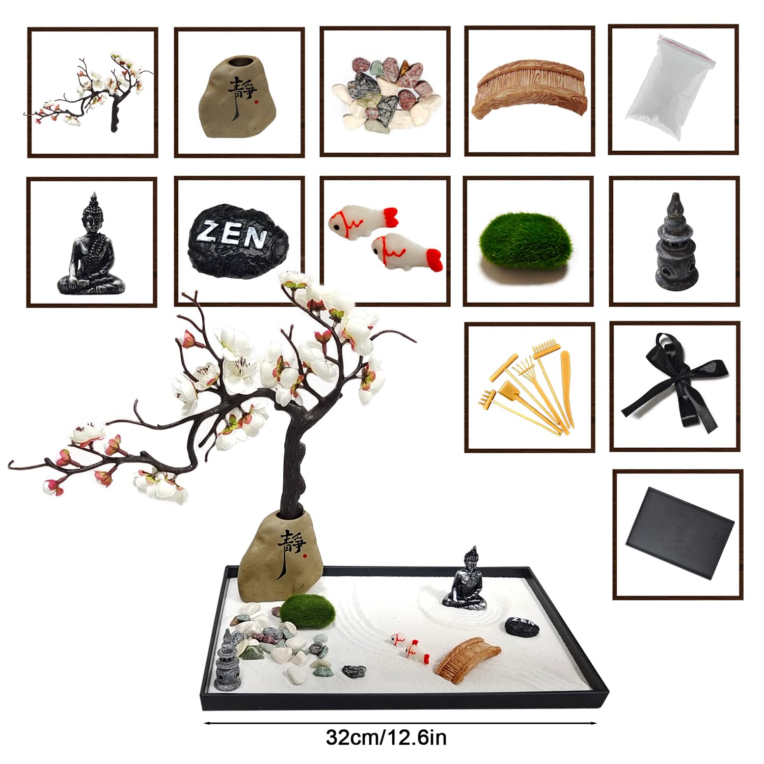 Zen Garden Kit da Giardino Giapponese per Scrivania Mini Tavolo Zen Sand Garden Giapponese Mini Rock Garden Meditazione Set Regalo Home Office Decorazione