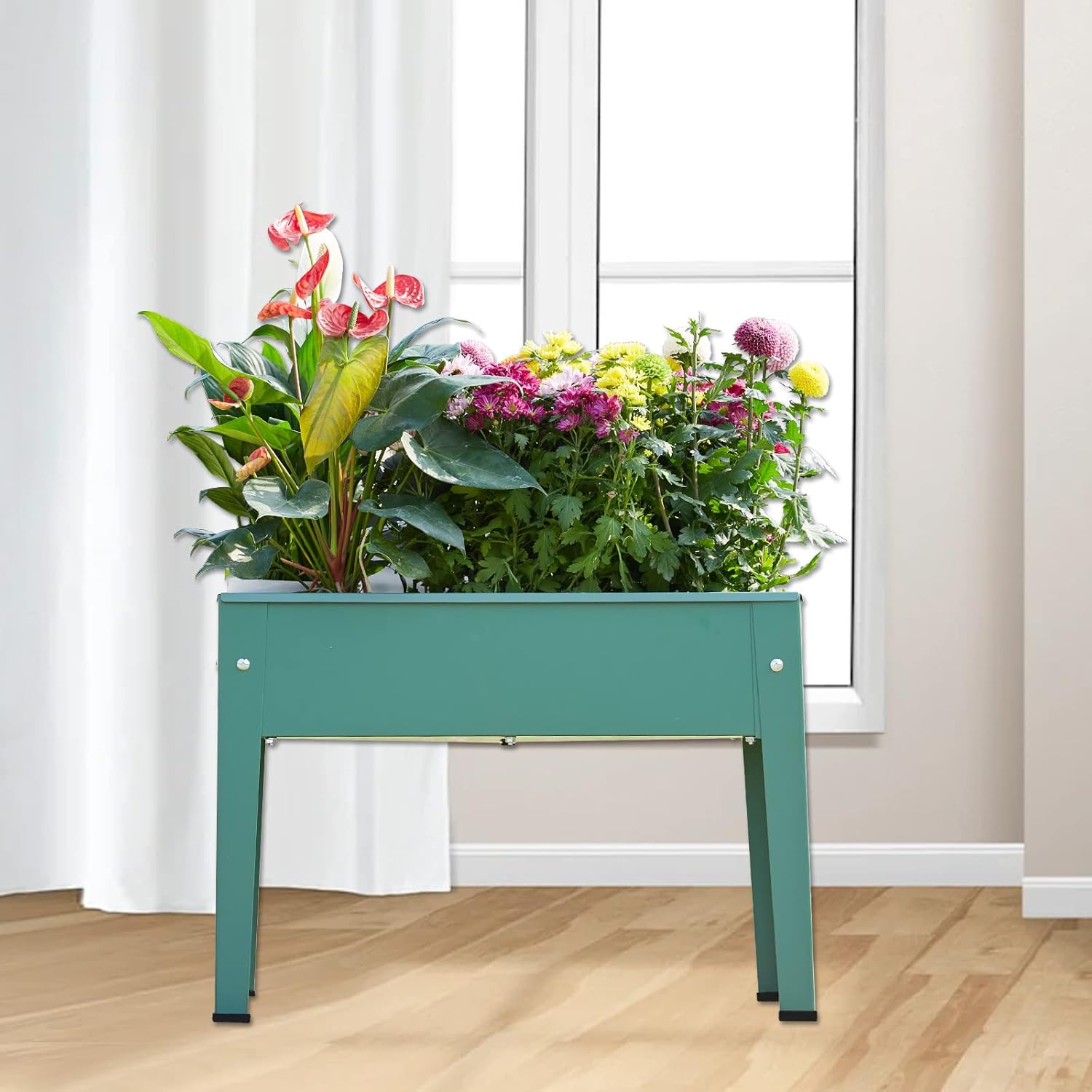 Raised Garden Bed, Elevated Planter Green Metal Plant Box with Legs Standing Garden Stand Drainage Holes Green