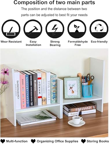 Vista 23 de PAG - Estantería de escritorio, librero ajustable para encimera, organizador de escritorio de madera para suministros de oficina, estante de Negro