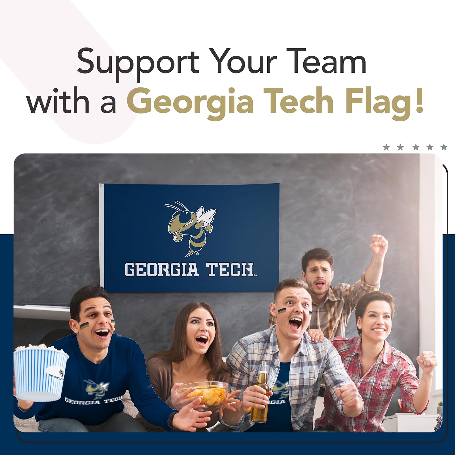 Georgia Tech Yellow Jackets College Sports Printed Flag - NCAA Licensed - Nylon - School Banner (Navy Blue, Gold, White) (3' x 5')