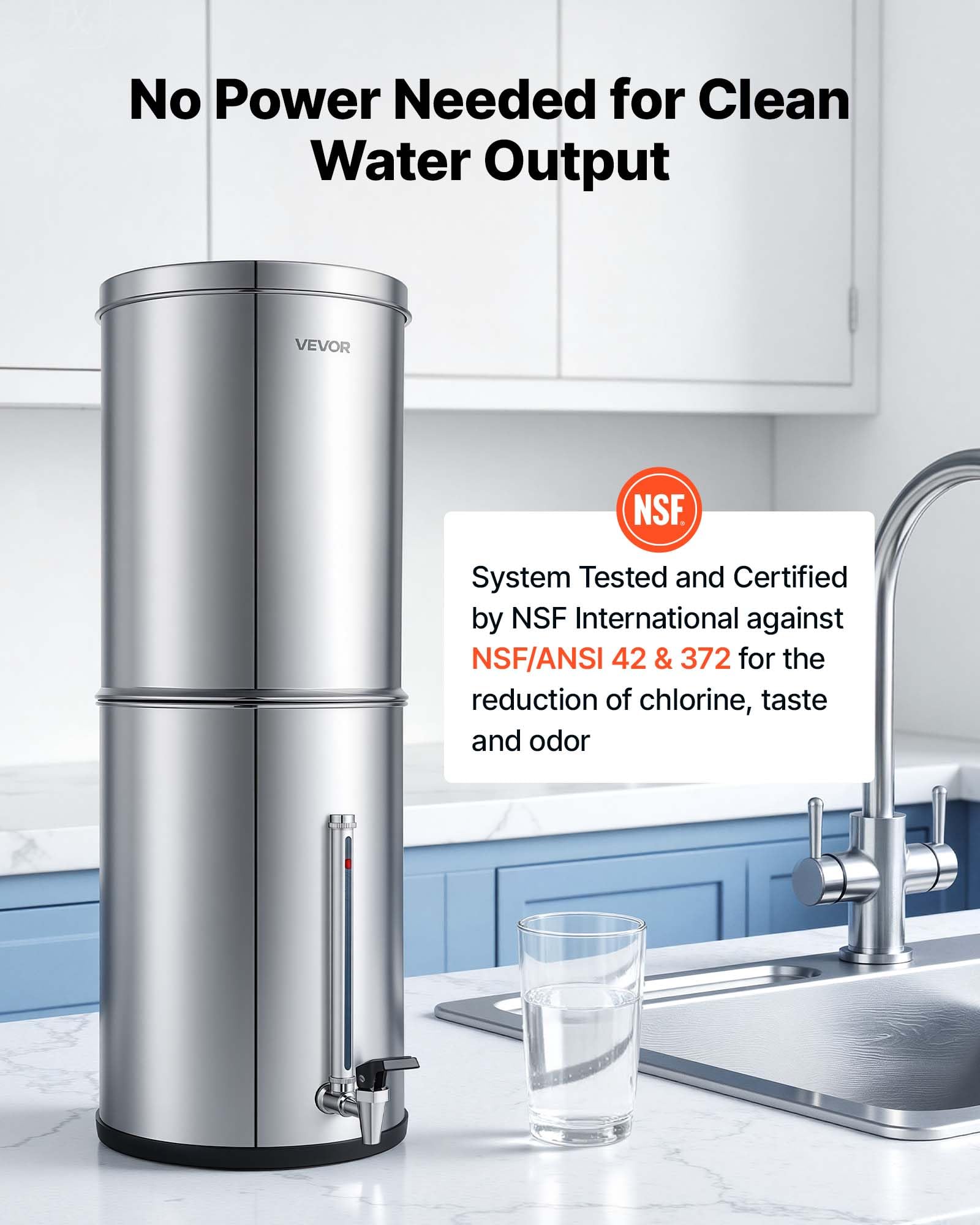 VEVOR Système de Filtration d'Eau par Gravité 12,3 L Filtre à Gravité Inox, Pour Camping, Fontaine Filtrante Réduction du Plomb et Jusqu'à 99% du Chlore, 2 Cartouches au Charbon Actif, Niveau d'Eau