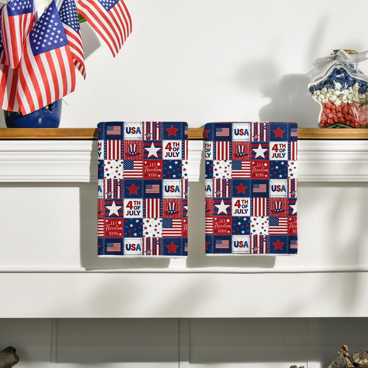 Artoid Mode Checkered Stripes Star Hat Freedom 4th of July Kitchen Towels Dish Towels, 18x26 Inch Independence Day Decoration Cleaning Set of 2