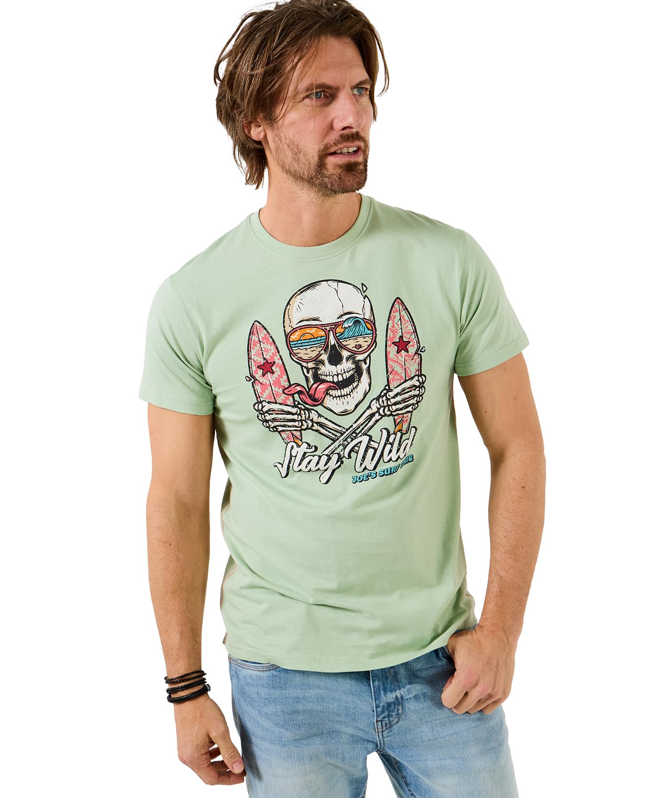 Joe Browns Men's Skull Surf Board Graphic Tee, Regular, Green, UK L