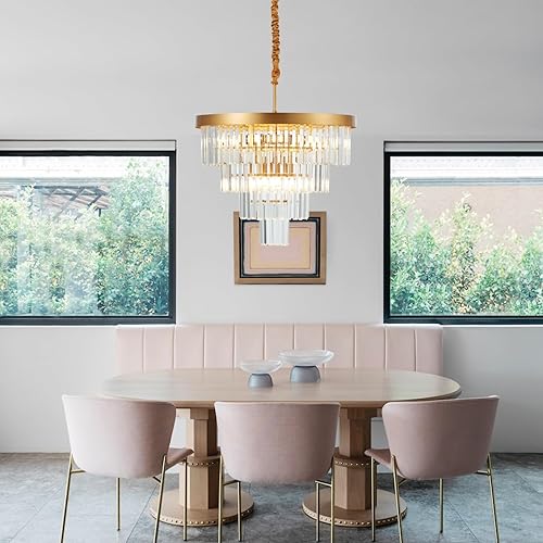 Miniatura 9 de Lámpara moderna de cristal dorado con 12 luces de 23.2 pulgadas, lámpara de cristal de mediados de siglo, moderna lámpara dorada para comedor, isla