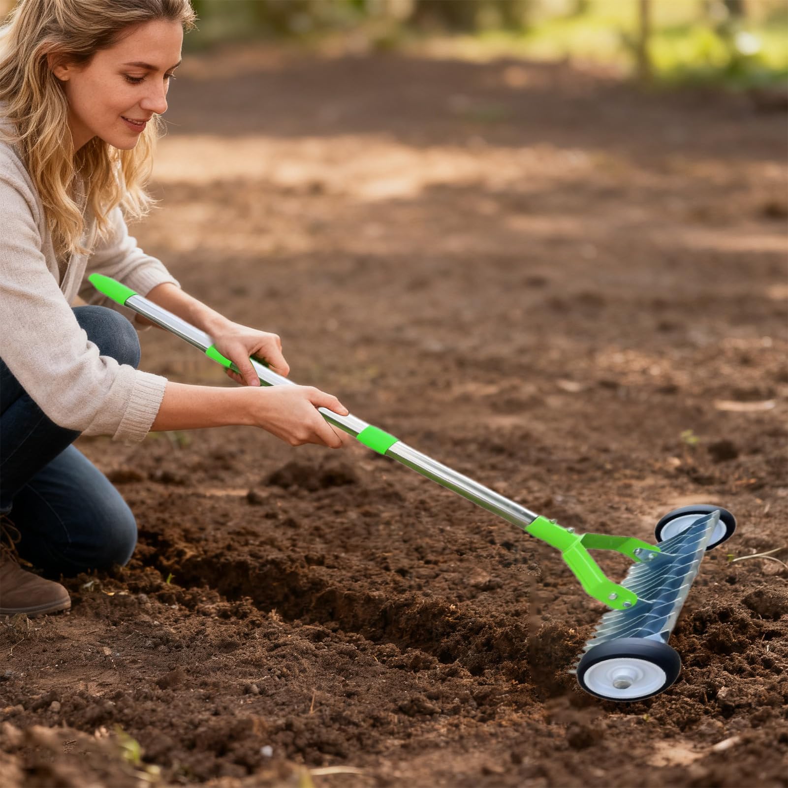 Rastrillo para Jardín Ajustable De Metal para Intensivo con Ruedas | Herramienta De Rastrillo Para Jardinería Y Paisajismo Con Ruedas Para En Exteriores Jardín Y Patio Hojas Hierba Aflojar