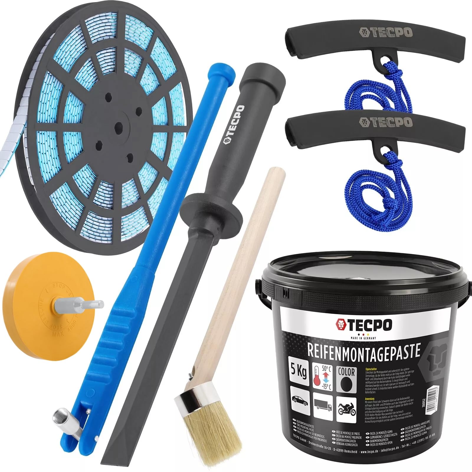 TECPO Reifenmontage-Set, Einziehwerkzeug für Gummiventile, Kunststoff-Schaber 19 mm, Universal Reifenmontagepaste Schwarz 5 kg + Pinsel für Montagepaste, Stahl-Klebegewichte, Folienradierer Ø 90 mm