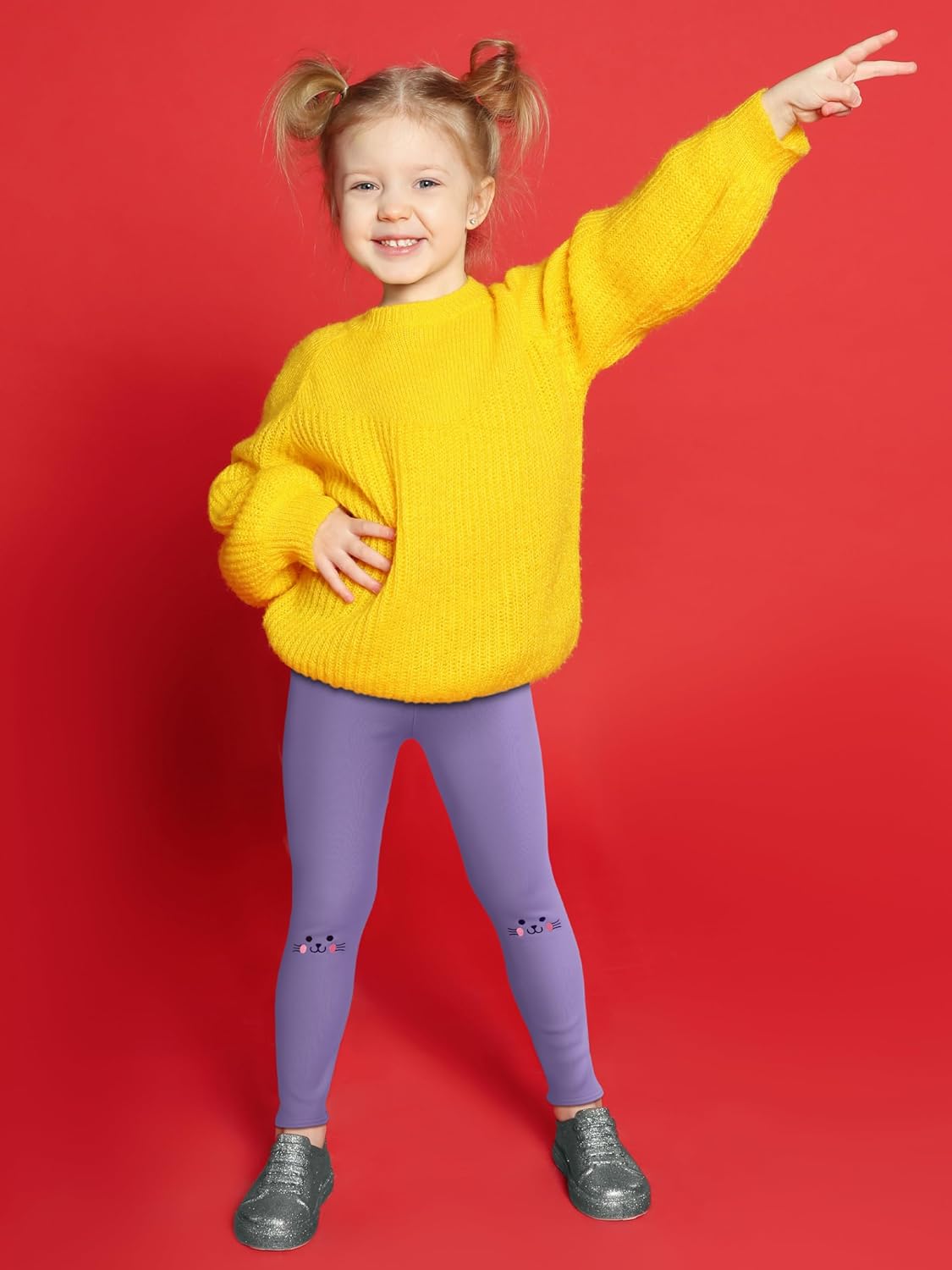 Cooraby 3 Pack Girls Fleece Lined Leggings Cotton Kitty Printed Winter Warm Tights Thick Elastic Thermal Pants for Kids - Image 3