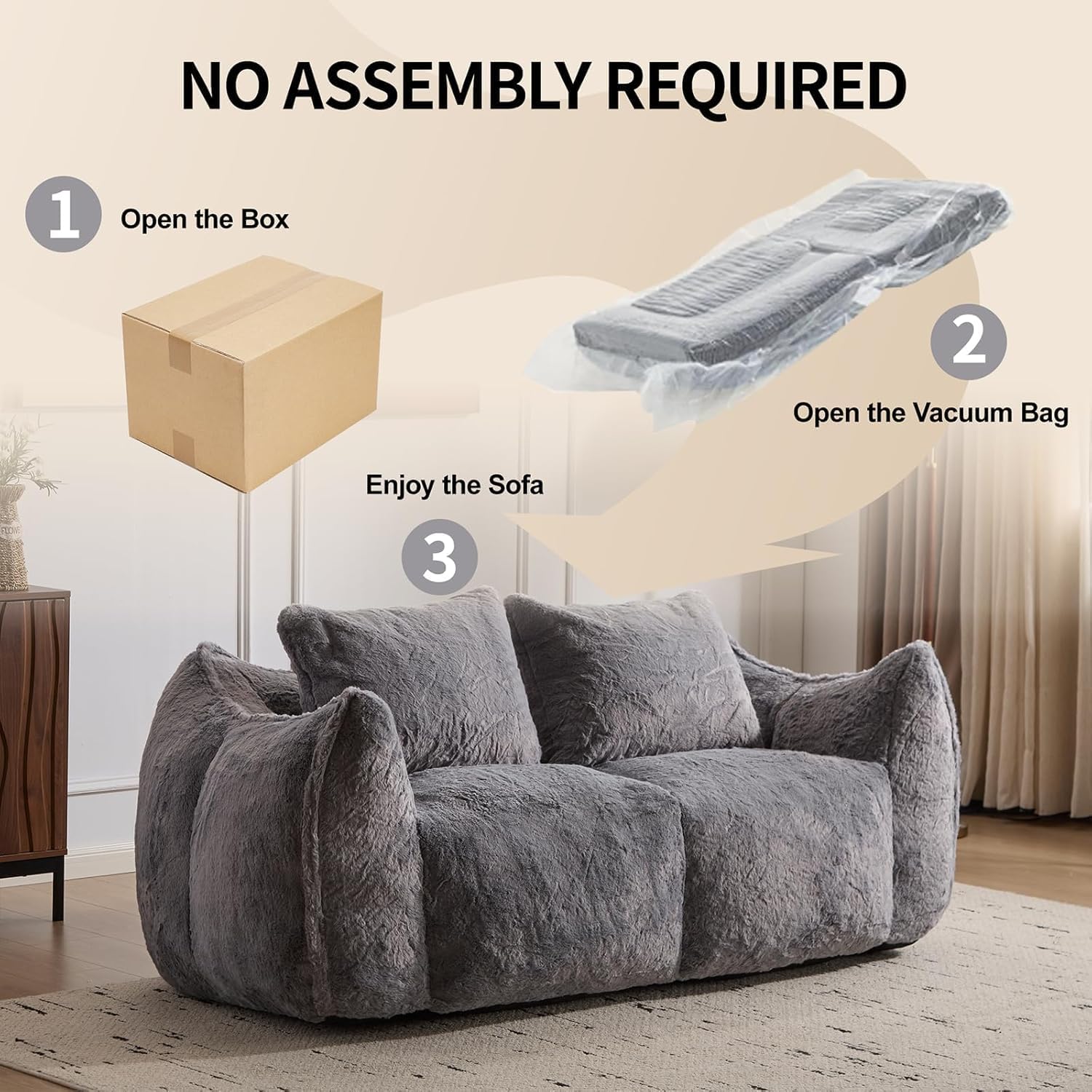 Alpen 75" Couch Loveseat, Boneless Sofas with Armrests, Faux Rabbit Fur Fabric Couches with Tufted Cushion & Backrest, Sofa in a Box, Large Bean Bag Chair for Bedroom Living Room, Grey