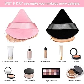 12 Pieces Cosmetic Powder Puff,2.76 inch Portable Soft Sponge Setting Face Puffs,Triangle Velvet Powder Puff with Ribbon Band Handle for Loose Powder Body Powder Makeup Tool(Black,Pink)