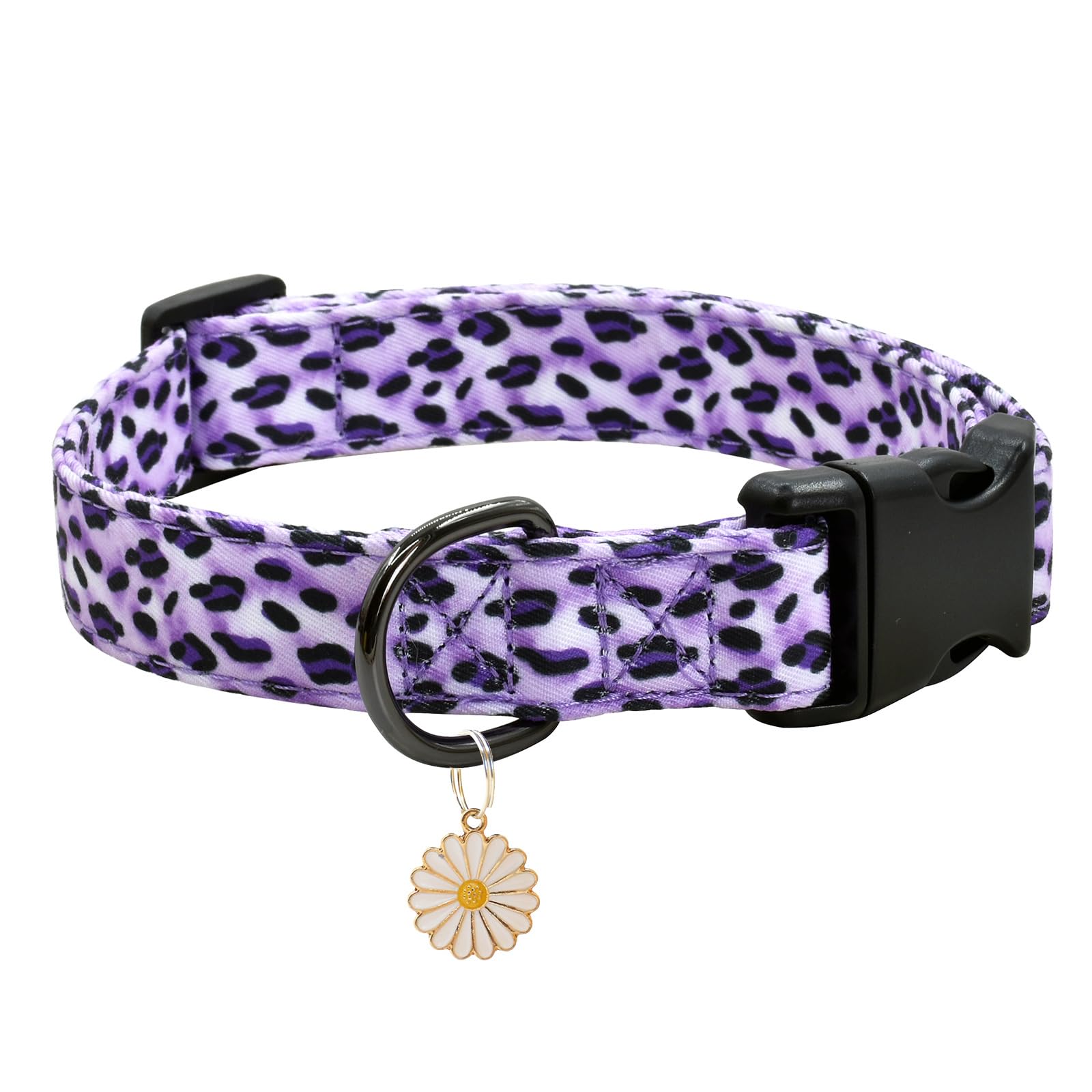 Leopard Patterns Dog Collar with Pendant, Durable and Soft Cotton Dog Collars for Small Large Female and Male Dogs Pets (Purple Leopard L)