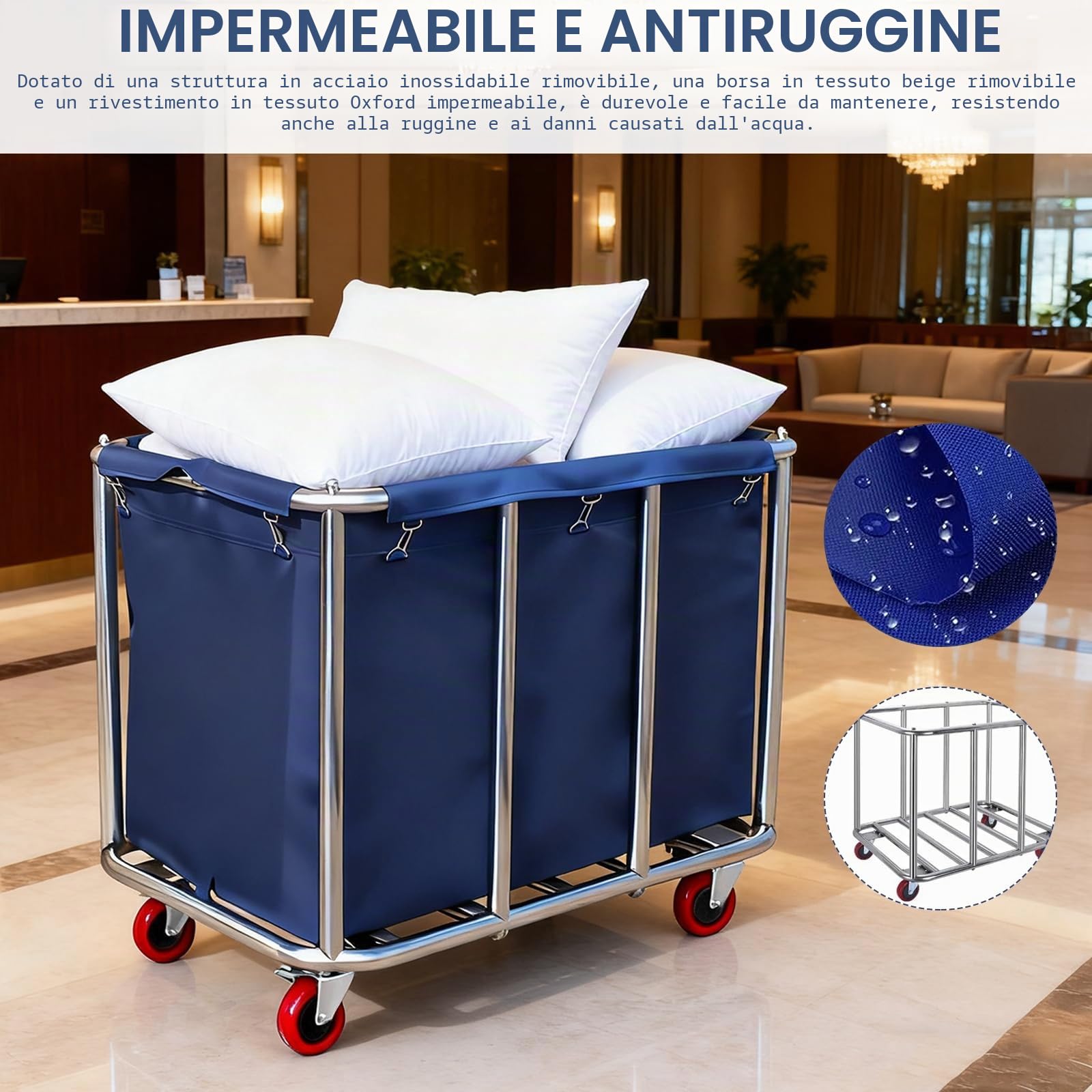 Carrello Per Biancheria, Cesto Portabiancheria In Acciaio Inox Con Ruote Commerciale Impermeabile Antiruggine Rimovibile Grandi Cesti Portabiancheria Commerciali Per Casa Hotel Lavanderia 90X65X81Cm