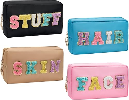 Miniatura 7 de Bolsa de maquillaje de nailon para cosméticos, 4 piezas, con cremallera, trébol de piedra de chenilla, impermeable, organizador de viaje para