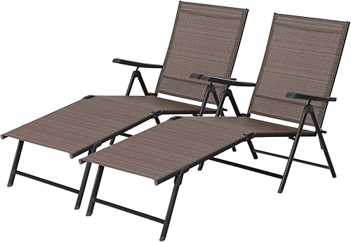 PHI VILLA Juego de 2 tumbonas para exteriores, sillas plegables con respaldo ajustable de 5 posiciones, marco de metal y tela de textileno