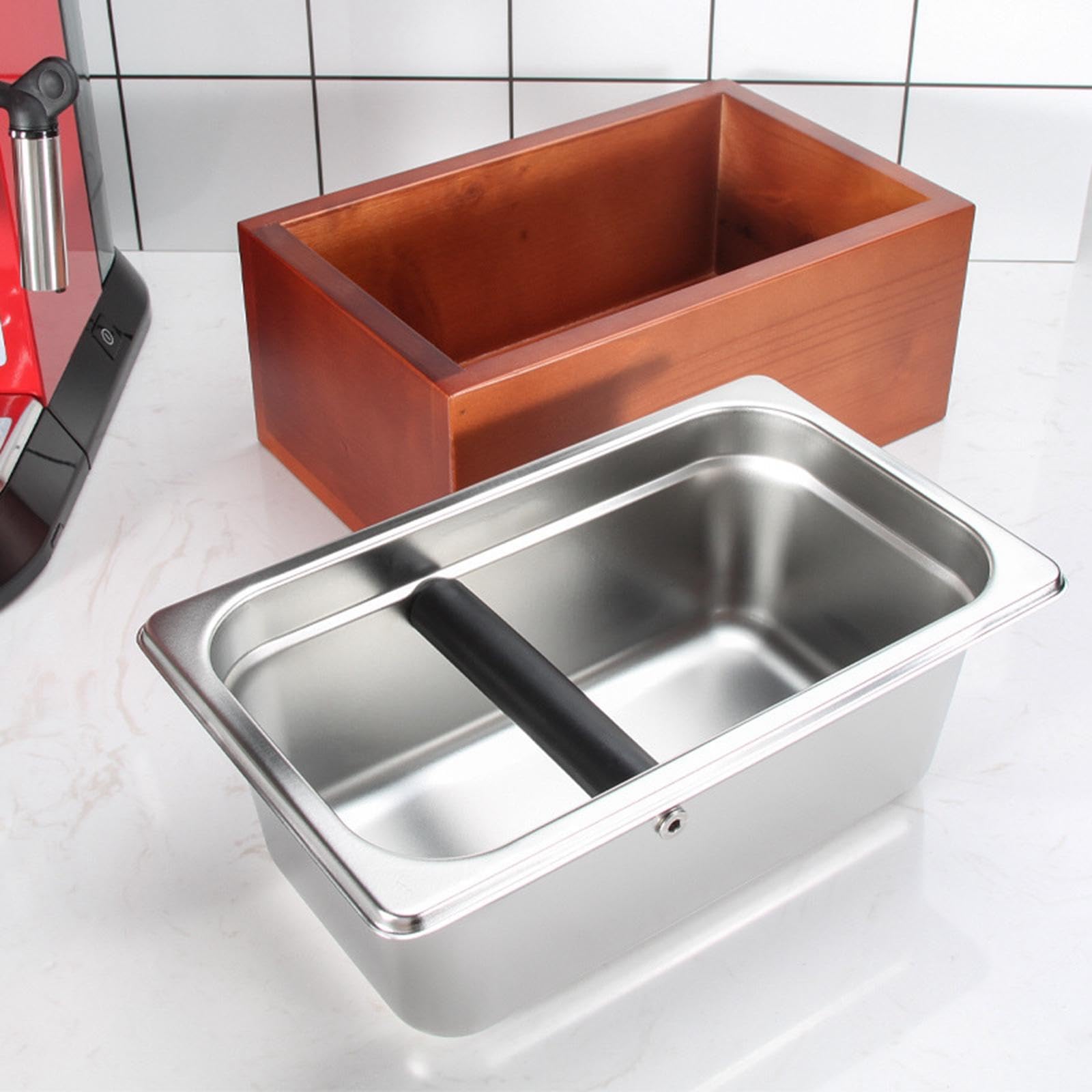 Contenitore per fondi di caffè in acciaio inox, separabile, 26x17x11,6 cm, sedile in legno per macchine da caffè espresso multiuso