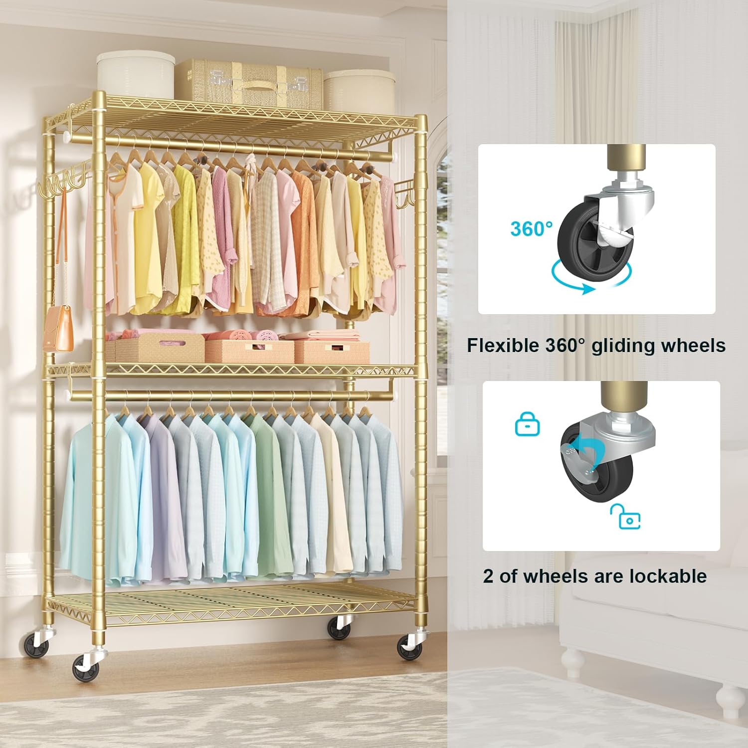 FUTASSI P1 Plus Rolling Clothes Rack, 22mm Diameter Heavy Duty Garment Rack with Wheels, Portable Closets with Shelves and Hanger Rods, 45" W x 17.7" D x 80.5" H, Load 524 LBS, Gold