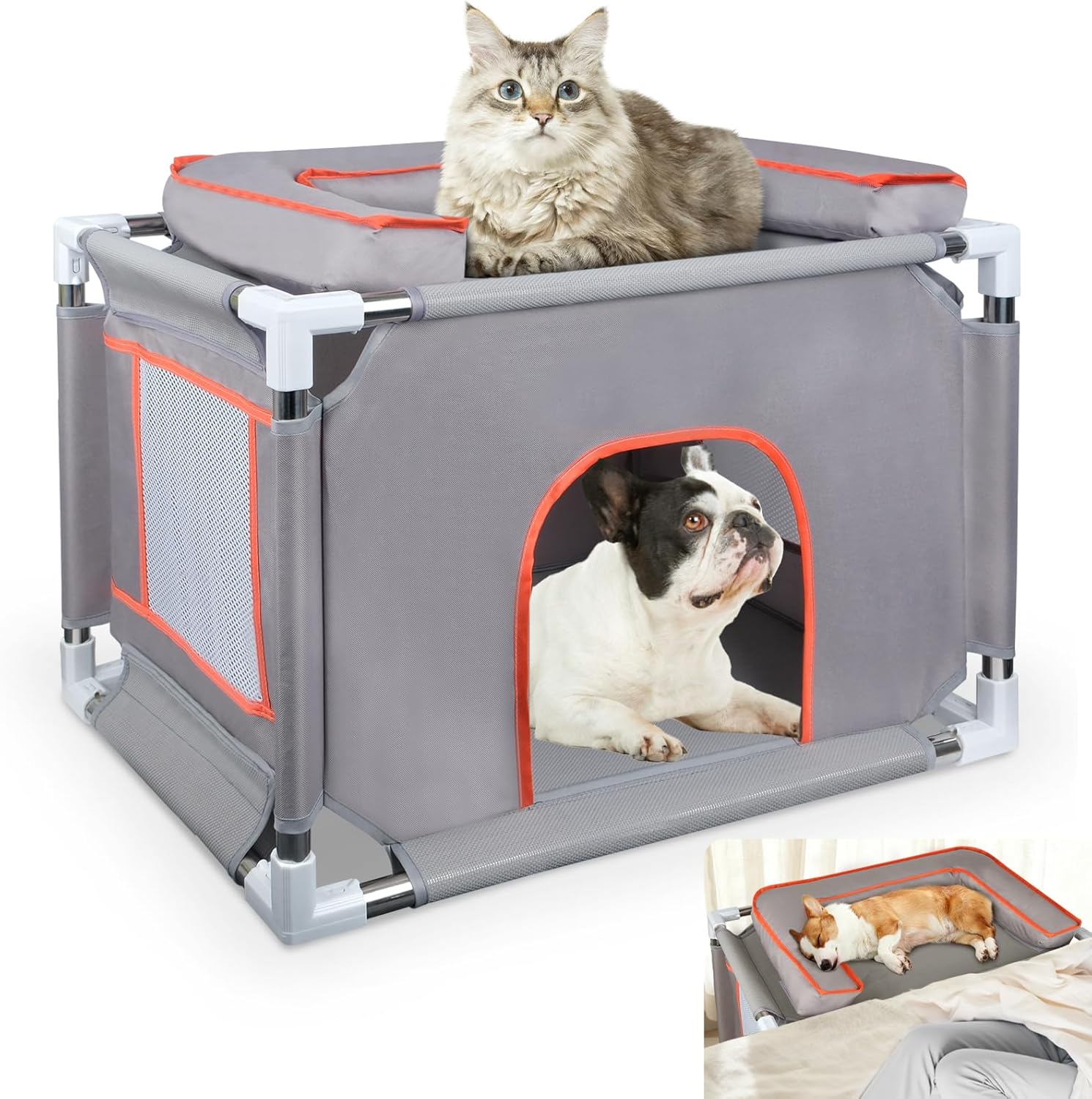 25.5"*17"*17.7" Bedside Dog Bed for Small-Medium Pet,Stainless Steel Frame & Oxford Fabric Dog Bunk Bed with Neck Pillow, Cat Bed Attachment to Human Bed, Elevated Pet Bed,Cat&Dog Perch, Lightweight