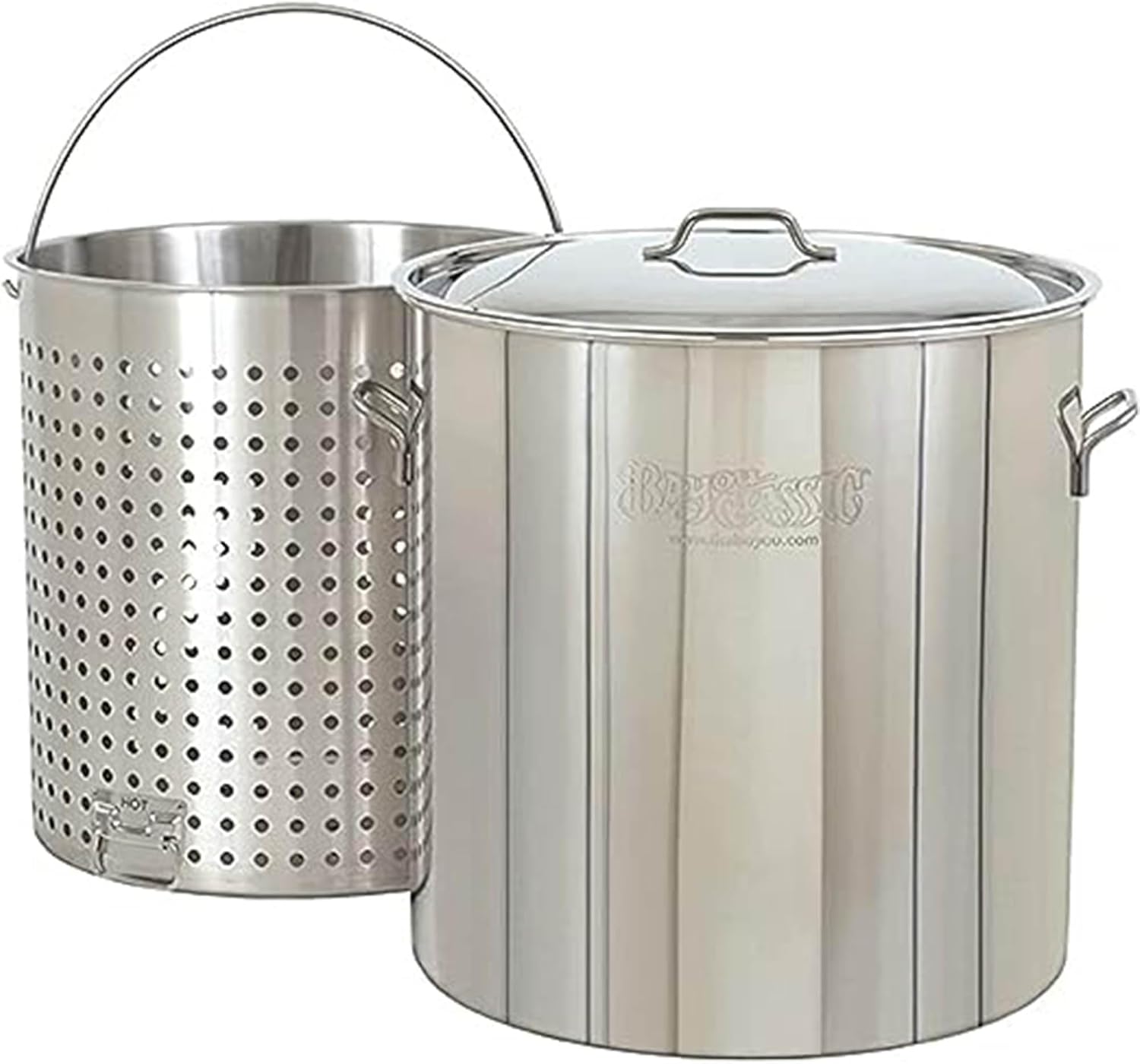 Bayou Classic 1182 82-qt Stainless Stockpot w/Stainless Perforated Basket Features Heavy Welded Loop Handles Domed Vented Lid Perfect For Steaming Boiling Canning and Preserving