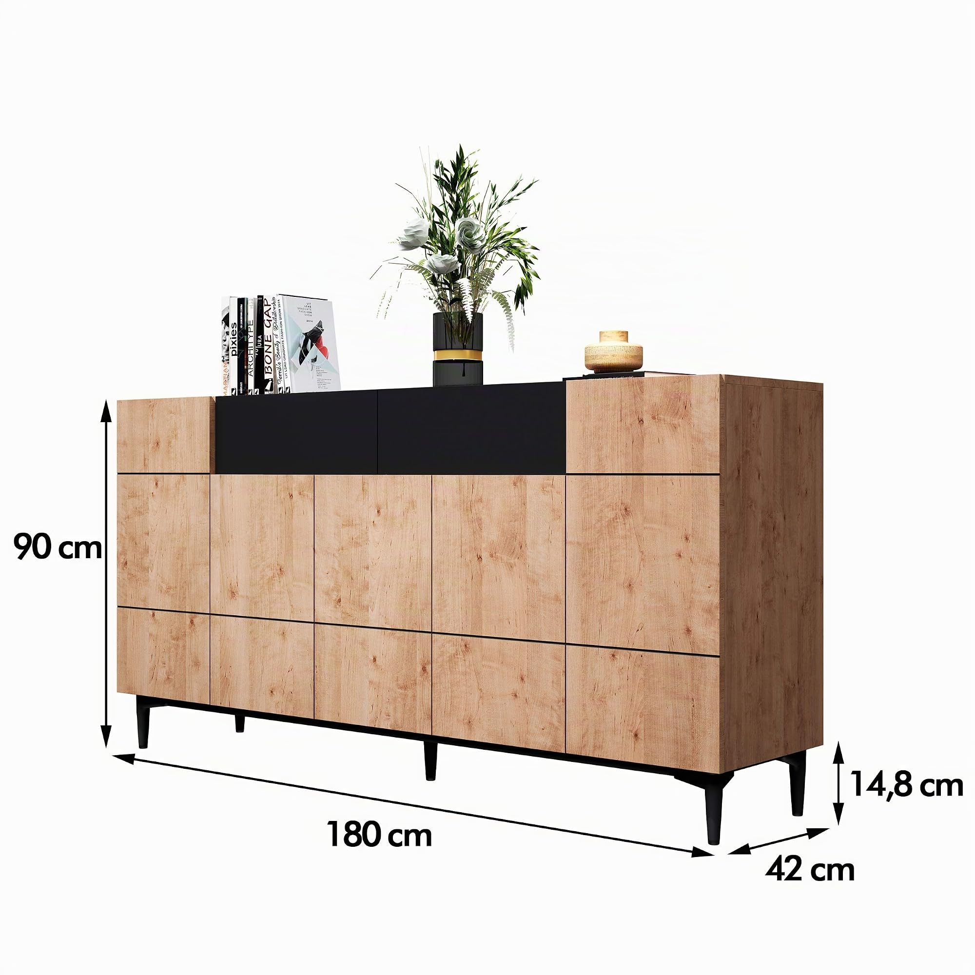 Newfurn Sideboard Wildeiche Schwarz grifflos Kommode Wohnzimmer | zweifarbige Holzoptik, konische Metallbeine, Klappen und Türen, Highboard Anrichte, für Flur und Esszimmer