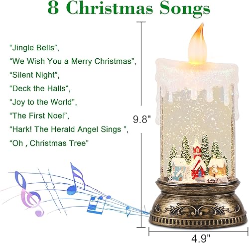 Miniatura 5 de Vela de globo de nieve de Navidad con temporizador y música, escena de cabina nevada, linterna de nieve con forma de vela brillante, linterna de
