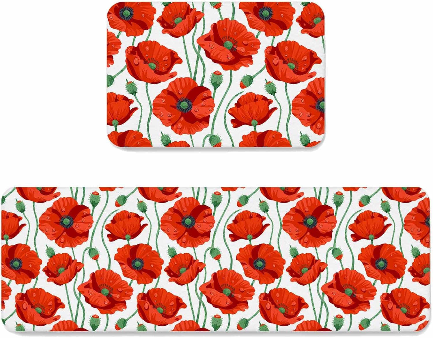 Spring Flowers Kitchen Mat Set 2 Pieces Watercolor Colorful Floral Leaf Butterfly Dragonfly Grey Plaid Non Slip Kitchen Rugs Washable Runner Rug Mats for Sink Laundry 15.7" x 23.6"+15.7" x 47.2"