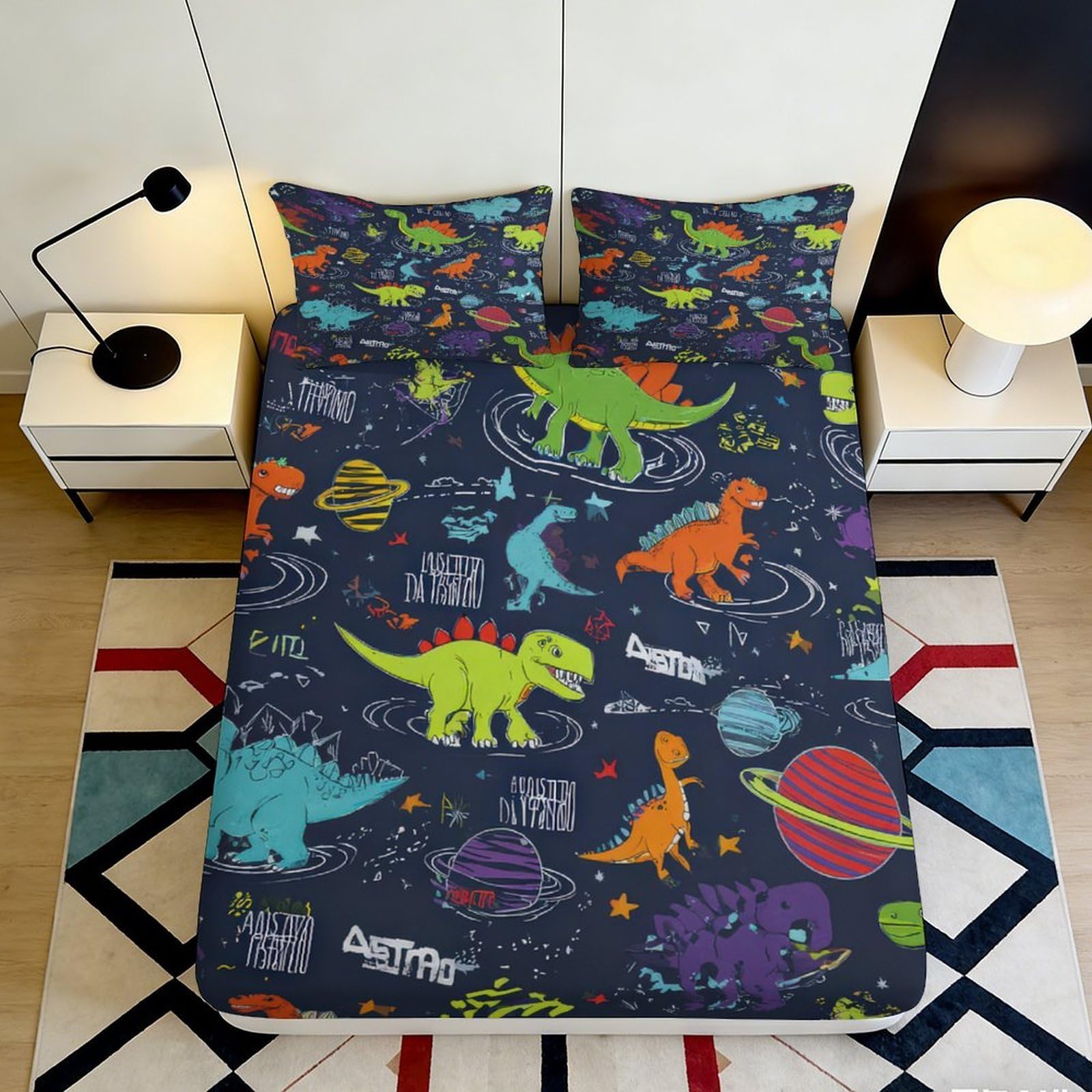 3D Printed Dinosaur Space Fitted Sheet Microfiber Anti-Slip Easy Care Bed Cover for Bedroom Guest Room Decor 90x200x25cm