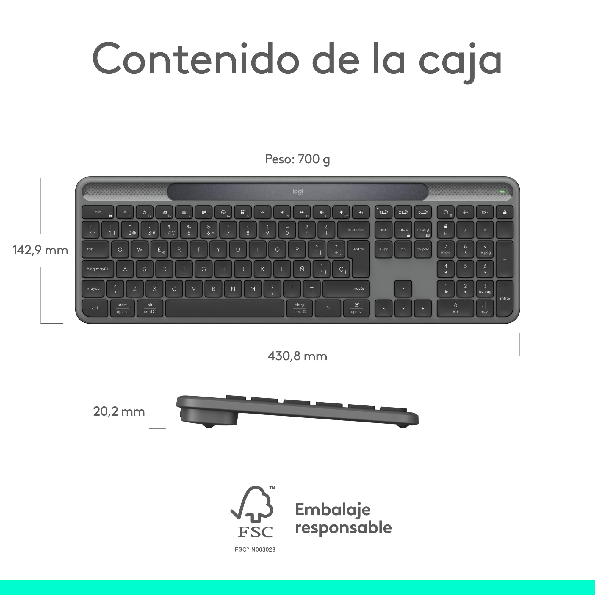Logitech Signature Slim Solar+, Teclado inalámbrico Alimentado por luz Solar y Artificial, batería Duradera con una Vida útil de hasta 10 años, Teclas Personalizables, Bluetooth, QWERTY ESP - Grafito