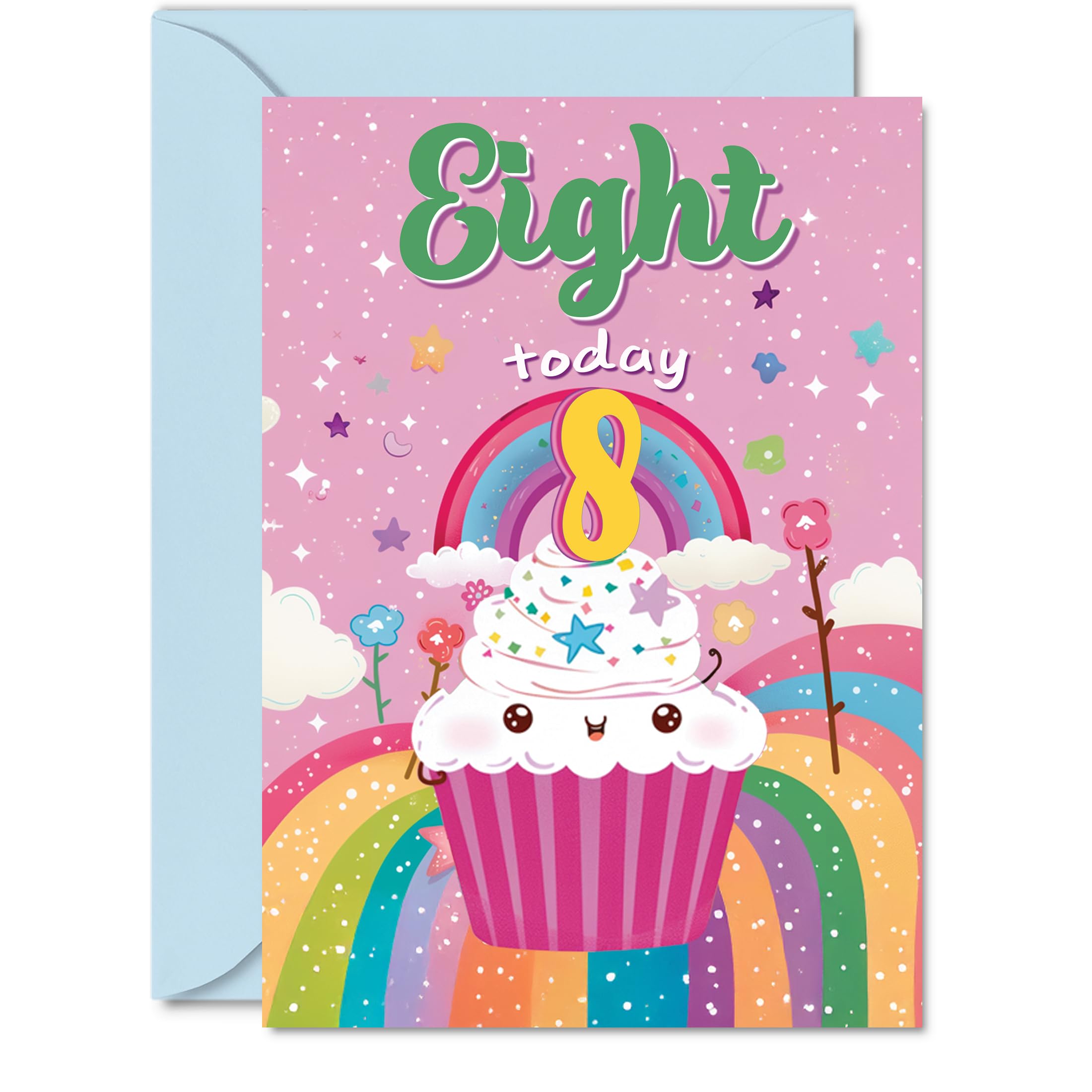 8th Birthday Card Girl - Cupcake Rainbow - Happy Birthday Card for 8 Year Old Girl, Age 8 Girls Cards, A5 Bday Greeting