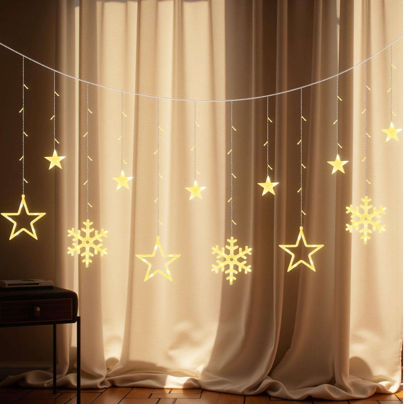LEDYA Christmas Stars Curtain Lights, 9 Stars & 3 Snowflakes 138 LED Fairy Window Lights with 8 Modes & Timer, Plug in String Lights for Xmas Decorations, Bedroom, Wedding, Party, Home (Warm White)