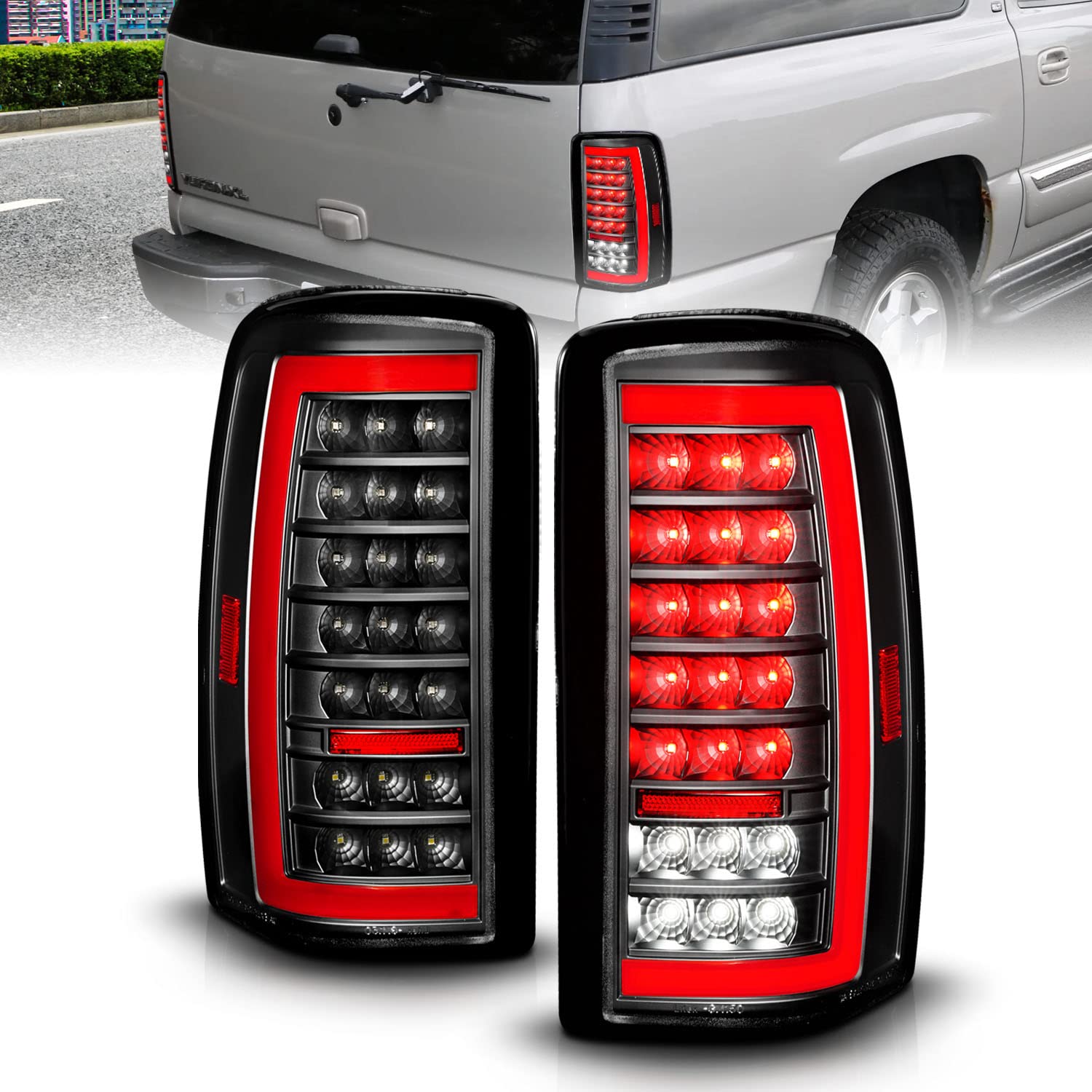 AmeriLite for 2000-2006 Chevy Tahoe Suburban GMC Yukon Denali XL [Full LED] C-Type Tube Black Replacement Tail Lights Assembly Set - Passenger and Driver Side