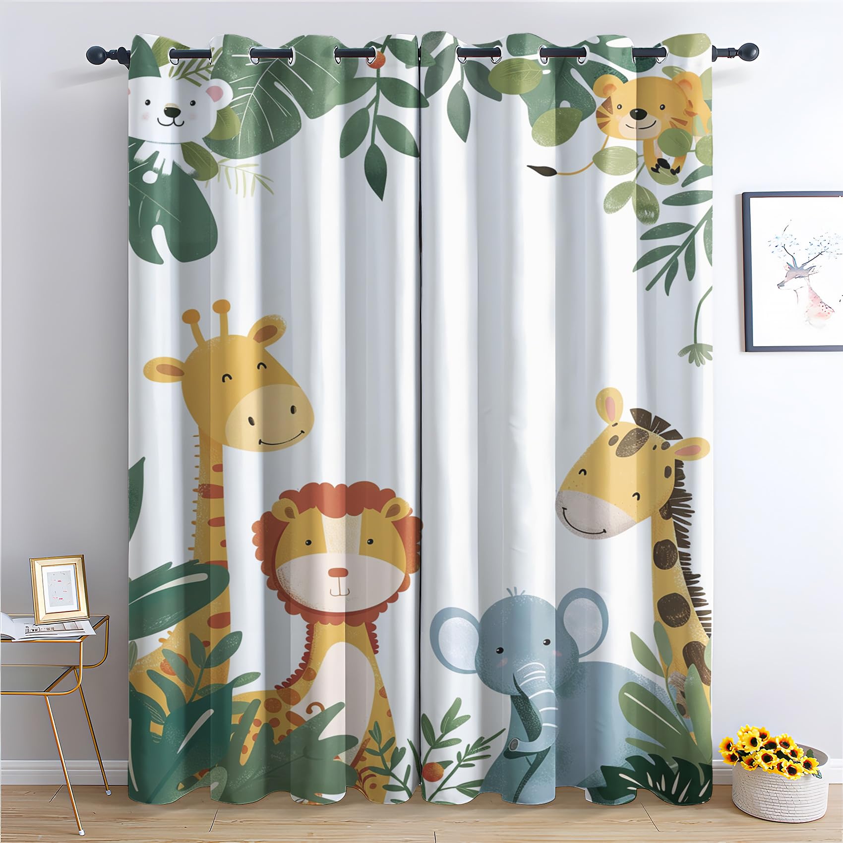 DlaQoryx Cute Safari Animal Blackout Curtains 63 Inch Drop 2 Panels Jungle Lion Giraffe Elephant Curtains for Bedroom, Eyelet Thermal Curtains & Drapes, Living Room Home Decor Window Curtains 42x63