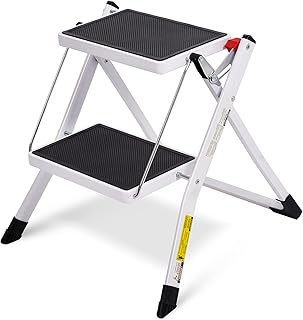 2 Folding Step Ladder,Mini Steel Step Ladder with Wide Anti-Slip Pedal &Convenient Handgrip, Portable Step Stool Perfect for Kitchen& Household, 330Lbs Capacity