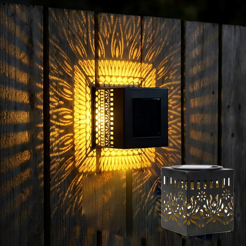 4 Pack Solar Mandala Wall Lights, Ip65 Waterproof Seven-Color Changing Decorative Solar Mandala Projection Lamp, Outdoor Waterproof Metal Fence Light for Yard Garden (1, Yellow - Square2)