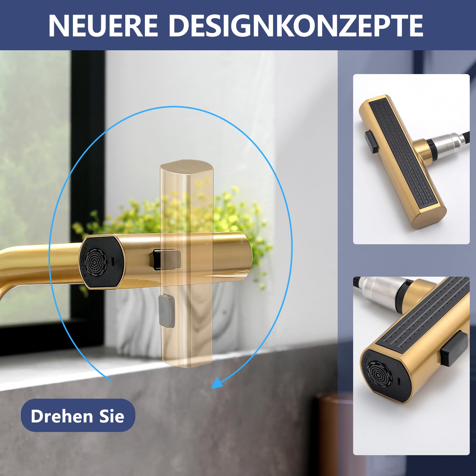 AIMADI Küchenarmatur ausziehbar golden, Wasserhahn Küche mit 3-Wege-Duschbrause & 38cm Schlauch, Einhebelmischer für Kalt- und Warmwasser, Armatur Küche für Spüle & Kücheninsel