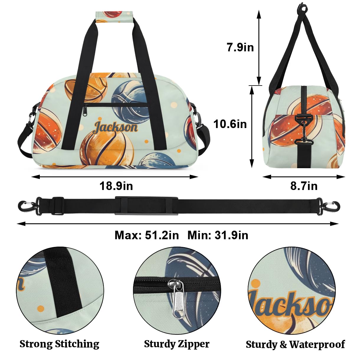 Tiaortas Personalized Basketball Duffel Bag for Boys, Custom Gym Bag Overnight Bags for Travel Weekender Practice