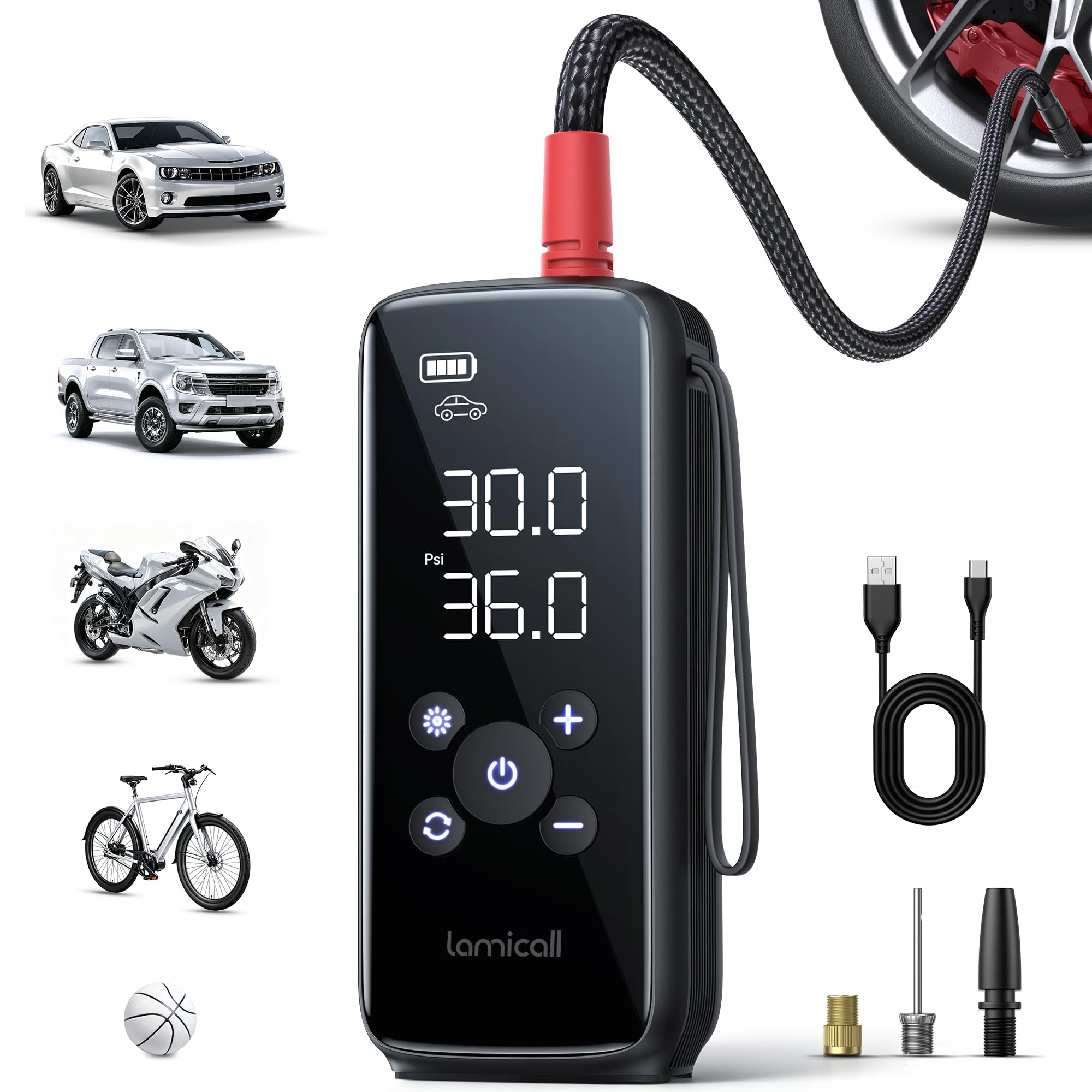 Lamicall Compresor Aire Portatil Coche, Bomba Eléctrica de Bicicleta