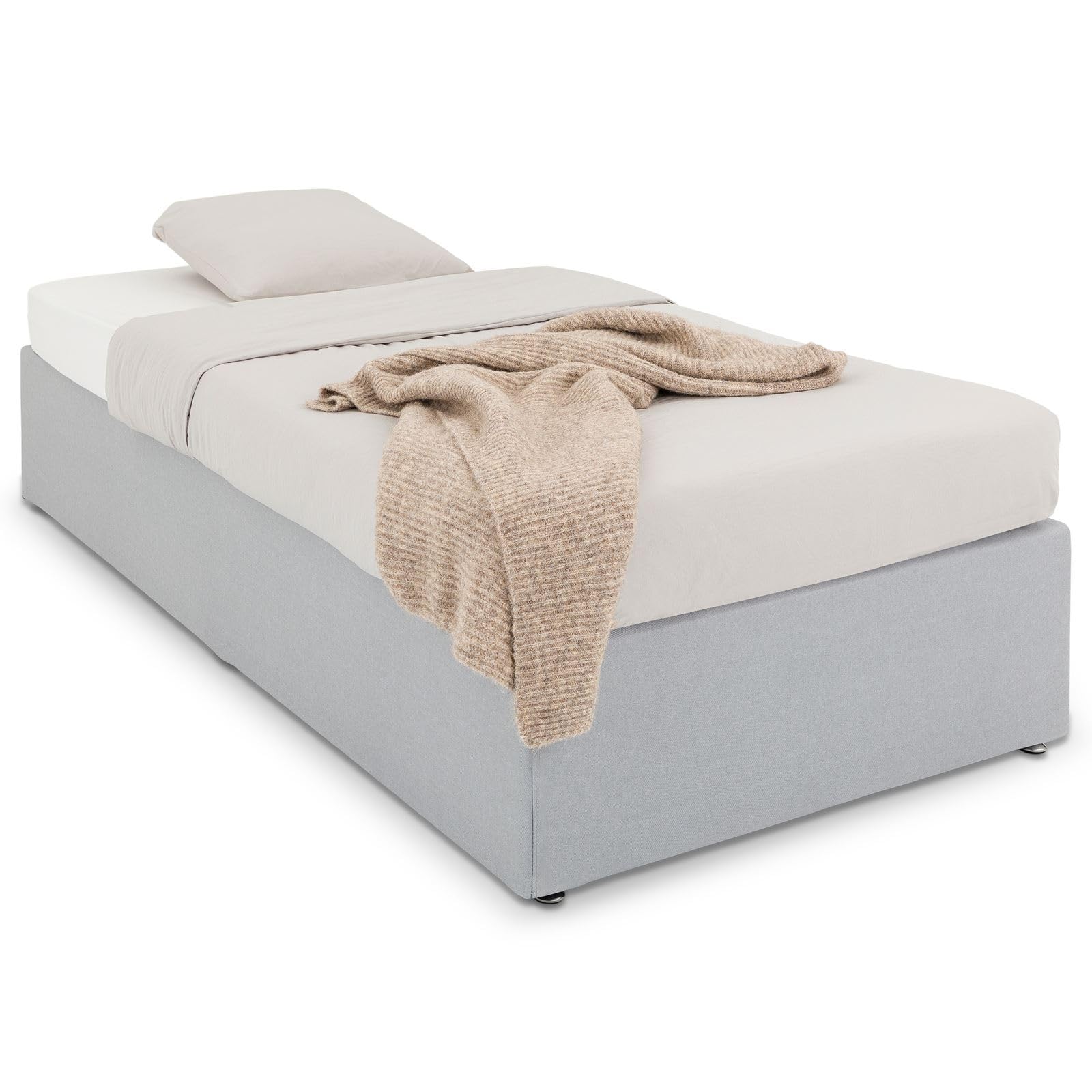 IDIMEX Sommier tapissier Maya 90 x 190 cm Structure en Bois et revêtement en Tissu Gris, Cadre de lit avec Pieds et sommier à Lattes pour 1 Personne