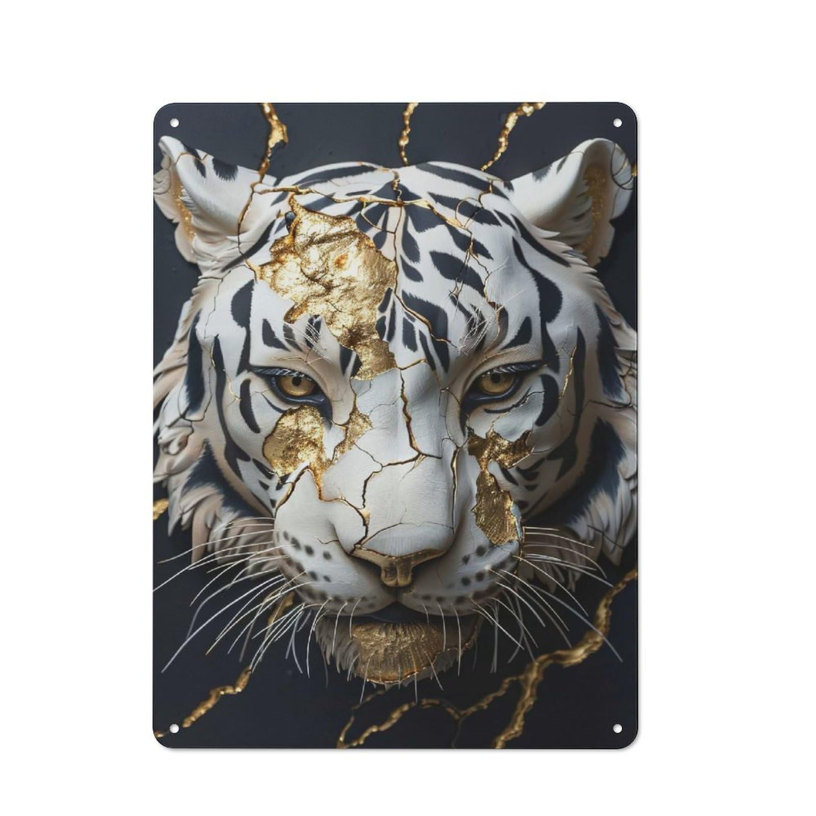 Vintage Metal Sign 40x30cm Featuring Cracked Tiger with Gold Inlay, Home Bar Decor for Cafe, Pub, Workshop Or Home Bar