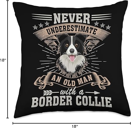 Miniatura 4 de Border Collie Dog Gift Tee Never Underestimate an Old Man with Border Collie - Almohada para perro, 18 x 18 pulgadas, multicolor