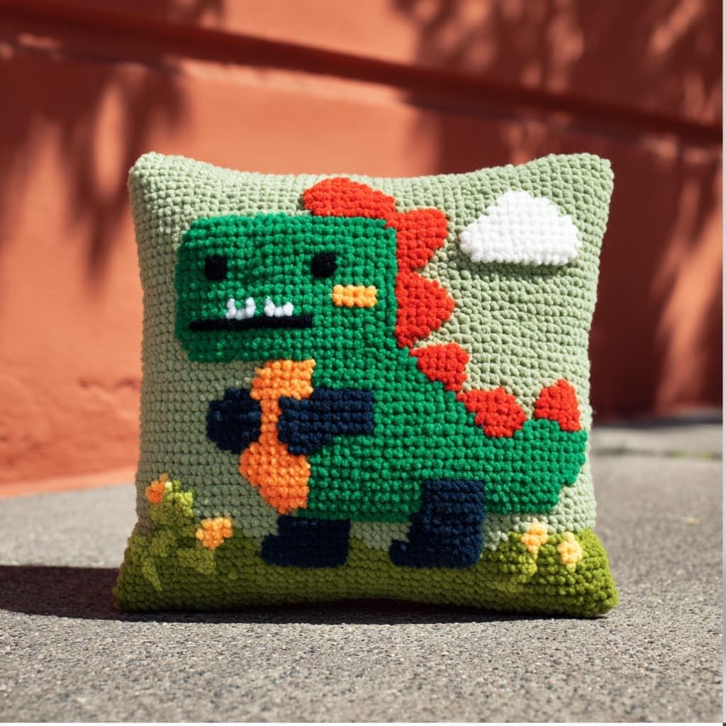 kitphoenix DIY Hand Crochet Pillow Kit,Dinosaur 43X43Cm Aesthetic Knitted Cushion Making Material Set,Beginner Friendly with Full Tutorial, Stylish Room Home Decor