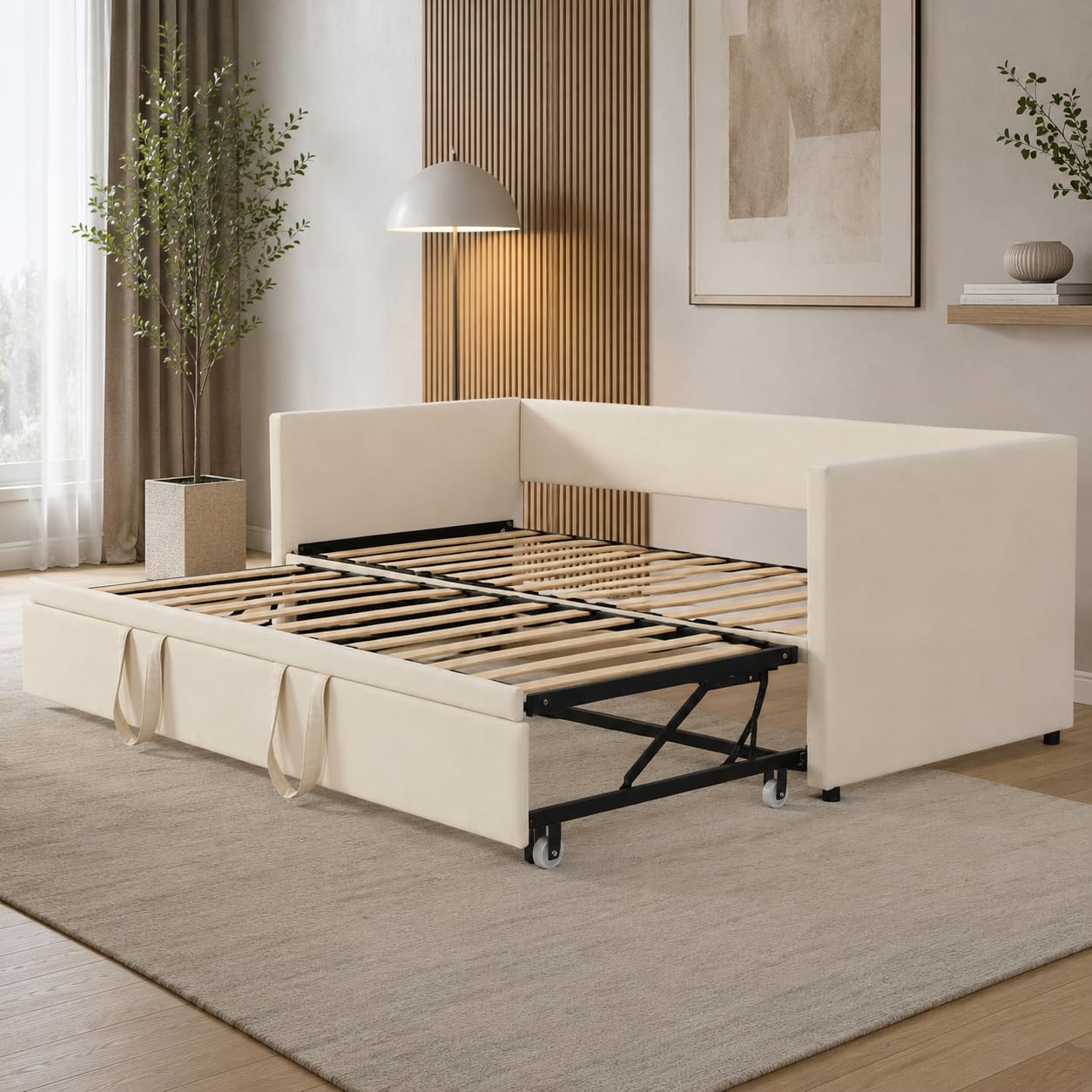 Sofá Cama Extensible 90/180x200 cm, Sofa Camas Convertible con Somier de Láminas, Cama de día Extensible a Camas Doble, Tejido Aterciopelado, Sin Colchón