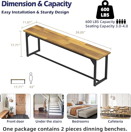 Miniatura 3 de STHOUYN Par de 2 bancos de comedor de 59 pulgadas para 6-8 personas, banco de mesa de cocina de granja, banco de comedor, banco de entrada, banco de