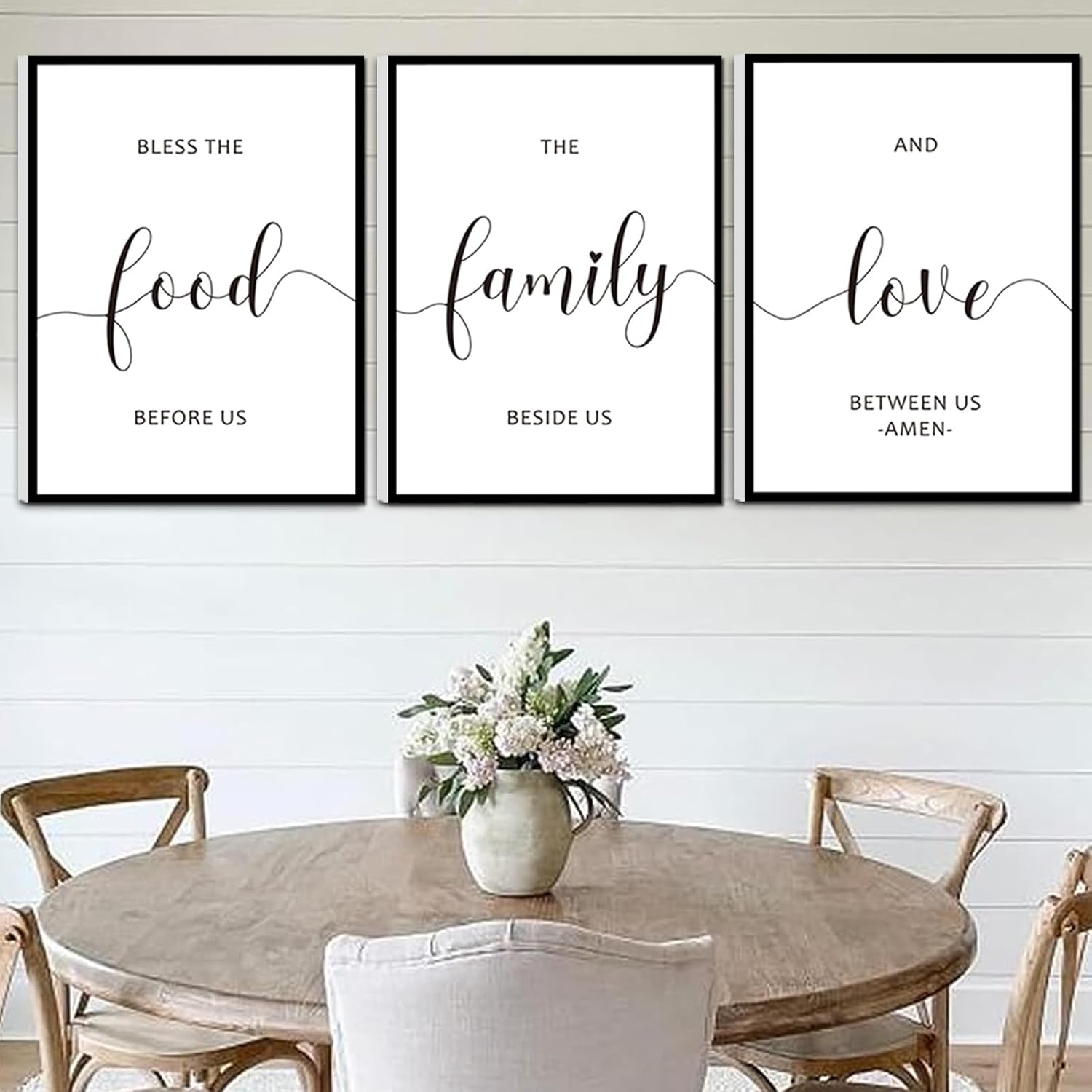 Framed Bless The Food Before Us Wall Decor, 36" x 16" Canvas Kitchen Wall Art for Dining Room Wall Decor(12x16 inches, Set of 3, Framed, Black) Black and White