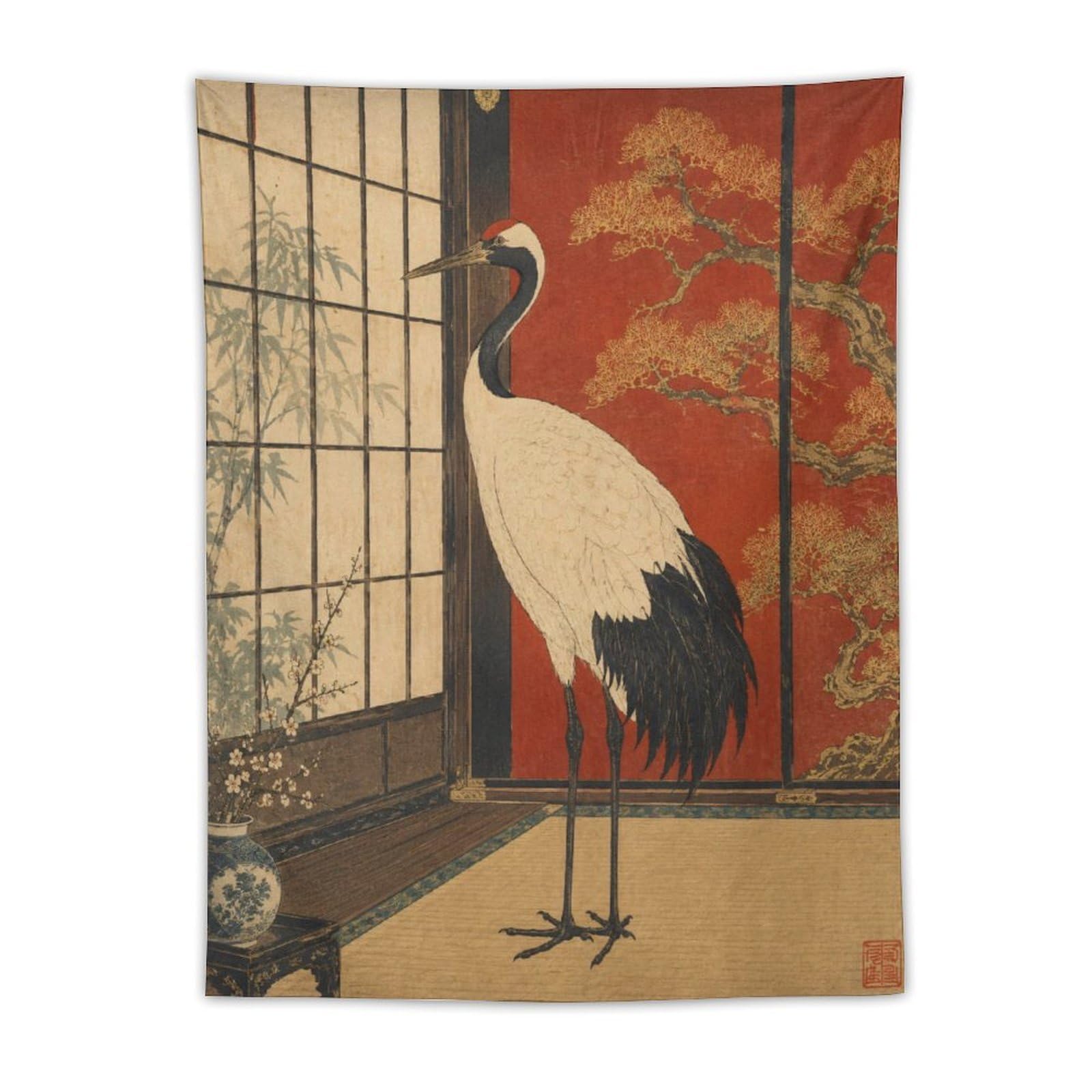 H3B8U2Y5 Crane in Red Room Wall Tapestry, Realistic Illustration, Entryway