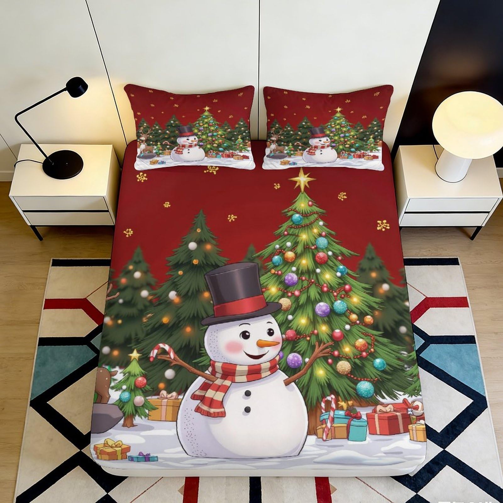 3D Printed Christmas Snowman Fitted Sheet Microfiber Red Tree Bed Cover for Bedroom Guest Room Decor Mattress Protection 140x200x25cm