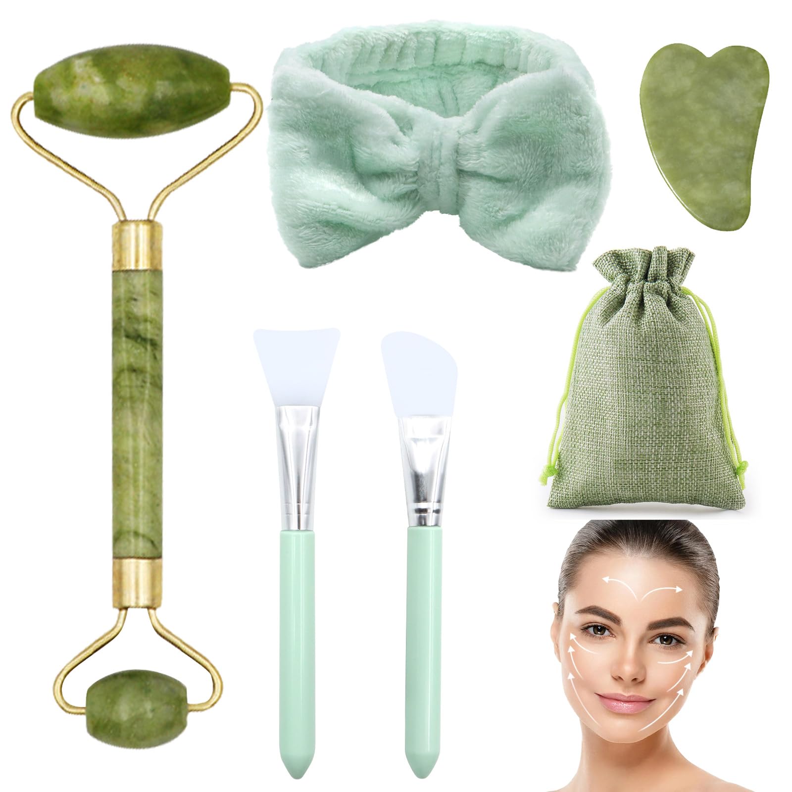 ZYKORT Gua Sha - Kit de masajeador de cara de jade de guasha para cara de piedra de jade, rodillo de jade para la cara, calma los músculos faciales, masaje para reducir la hinchazón