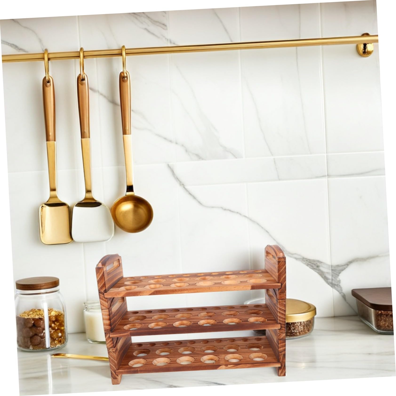 Soportes Apilables para Huevos de Madera Natural Organizador de Cocina Asa Estante Rústico para Huevos Frescos Encimera