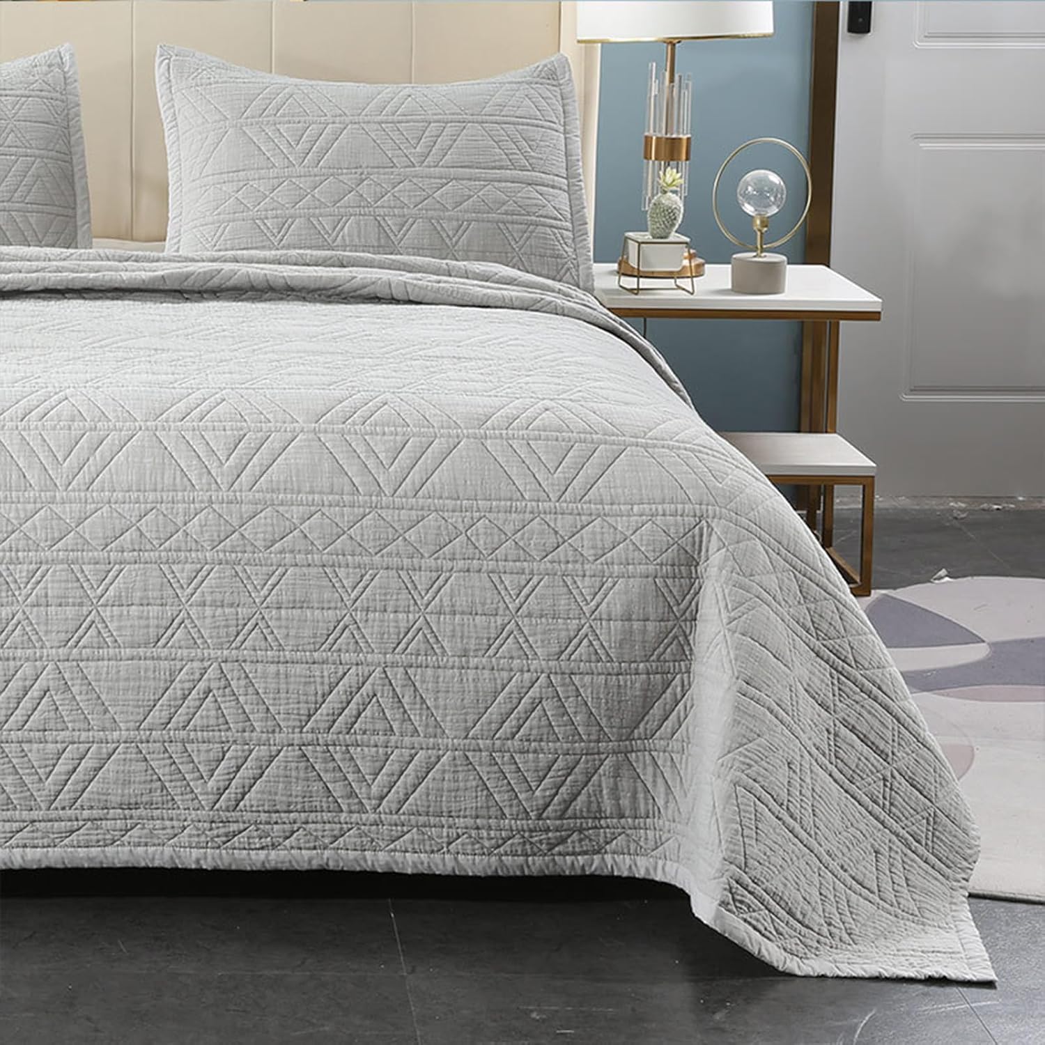 Elegant Hand-Quilted Gray Quilt Set, /Full Size - 100% Cotton, Lightweight Summer Bedspread with Diamond Pattern, Includes 2 Pillowcases, 269x234cm, Reversible Design 269x234cm
