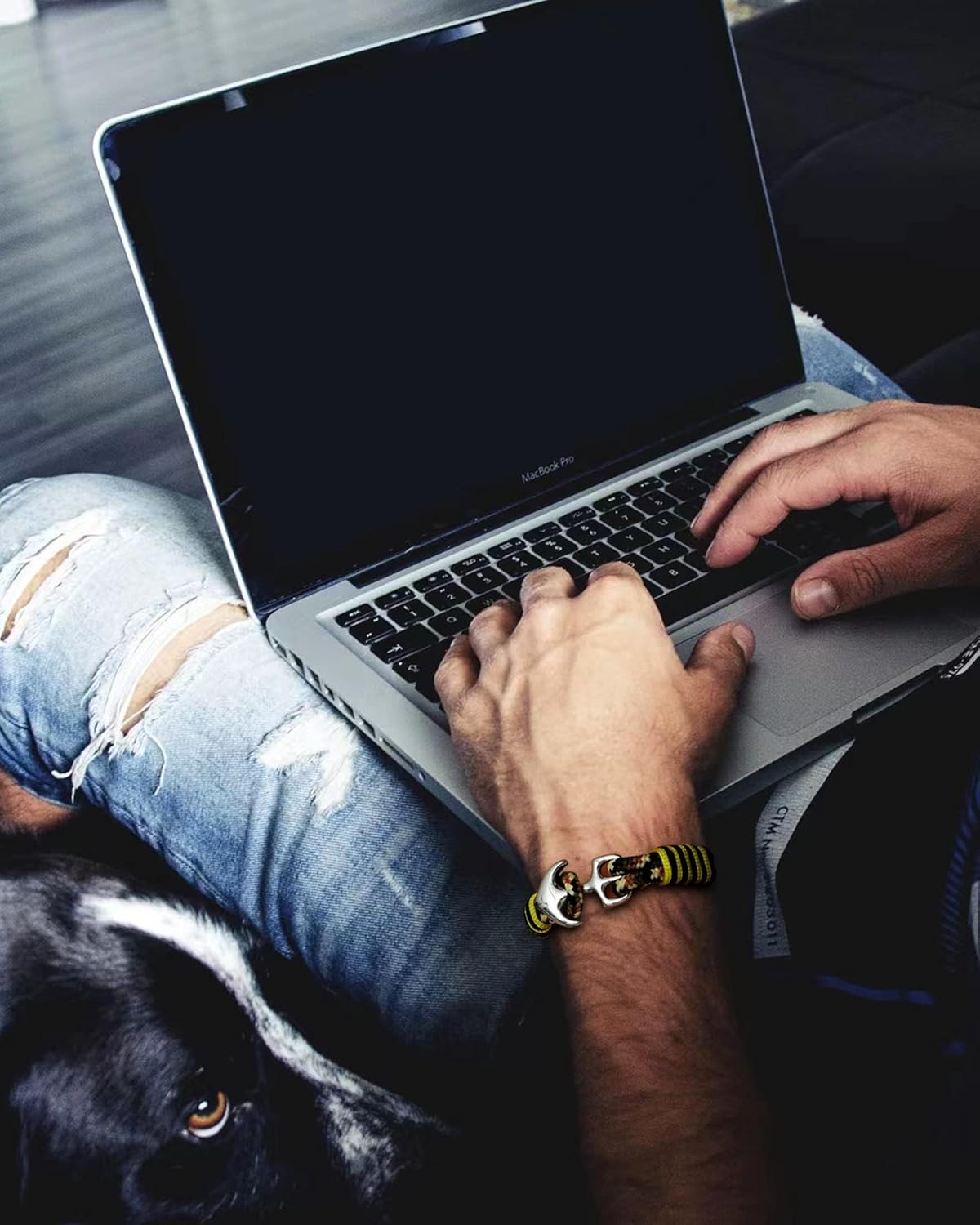 Men's Nautical Anchor Cuff Bracelet, Handmade Black & Blue Stainless Steel Rope Wristband with Lobster Claw Clasp - Image 5
