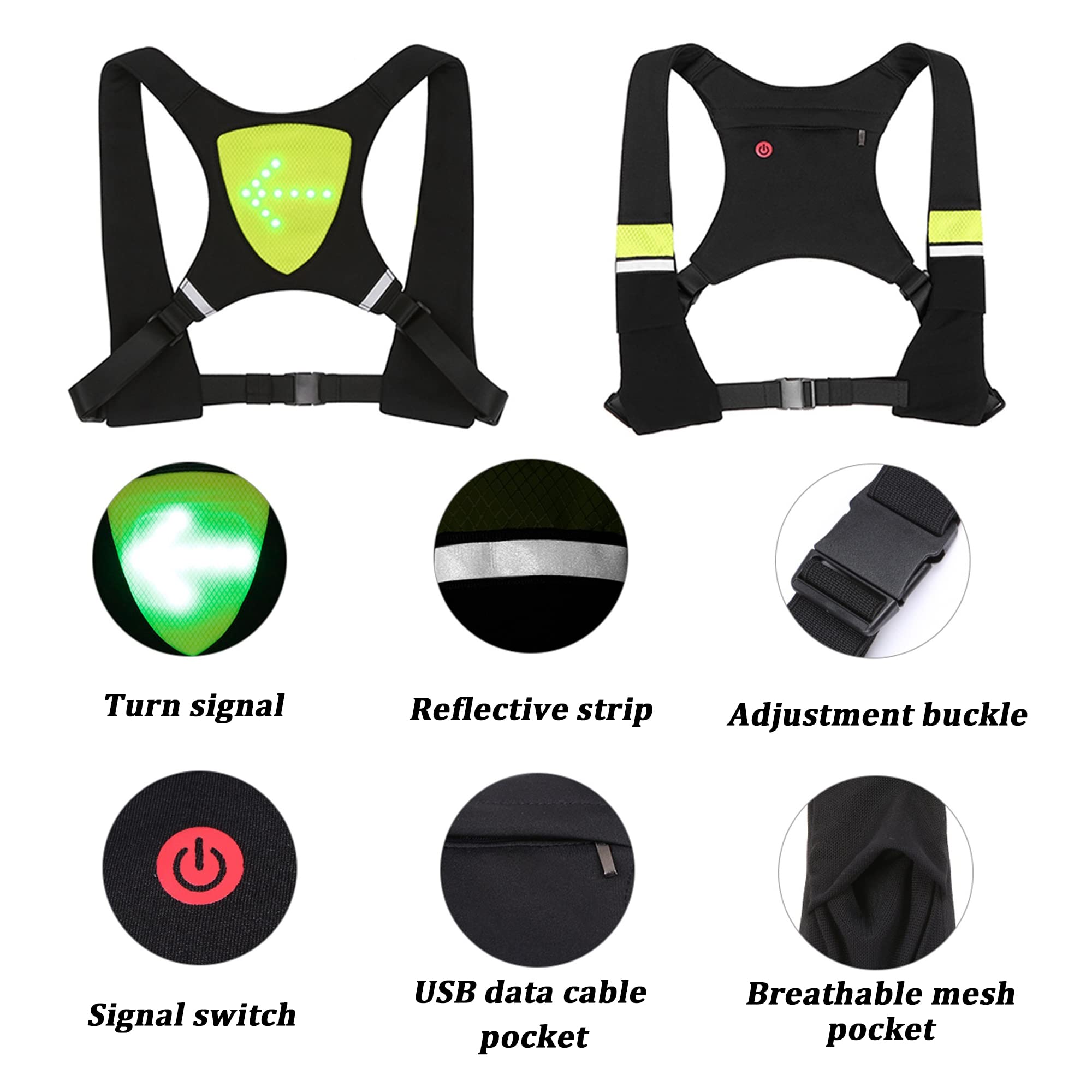 LED Clignotant Gilet USB Charge Sécurité Vélo Pack Indicateur de Direction Haute Visibilité Vélo Gilet Gear pour Course de Nuit Cyclisme Moto Randonnée Promenade de Chien