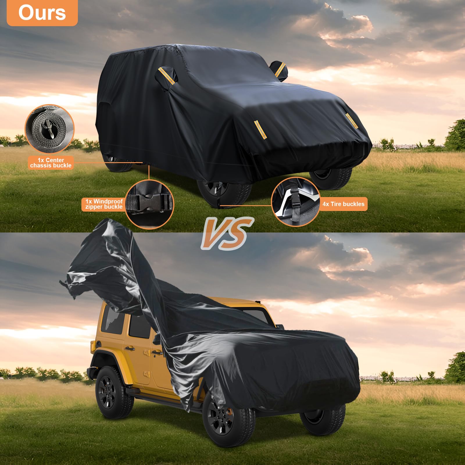 YINOK 600D Waterproof Car Cover Custom Fit for Jeep Wrangler 2 Door 1987-2025 JL JK TJ YJ CJ — view 4